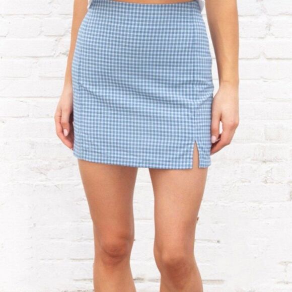 Blue plaid gingham mini skirt with slit - Picture 1 of 4